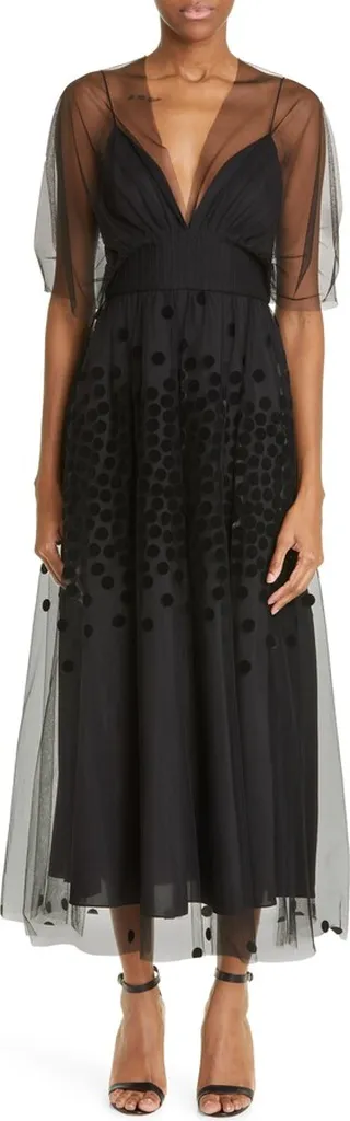 Flocked Polka Dot Tulle Midi Dress
