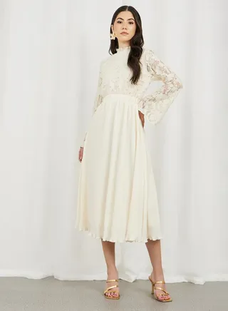 Lace Detail Pleated Hem A-Line Midi Dress 