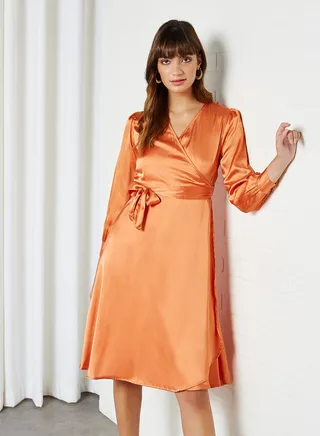 Solid Design Long Sleeves Dress Rust 