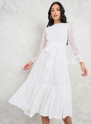 All Over Lace A-Line Midi Dress with Self Tie Up 