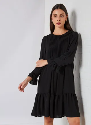 Pleat Detailed Mini Dress Black 