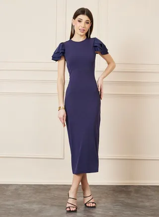 Frill Layer Sleeves Bodycon Midi Dress 