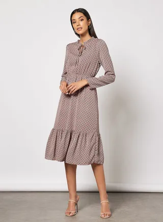 Dalmatian Print Puff Sleeve Midi Dress Wine 