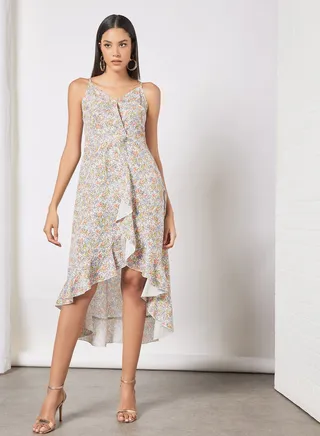 Casual Straps V-Neck Open Back Printed Midi Dress with Ruffle Hem Yellow/Pink/Blue 