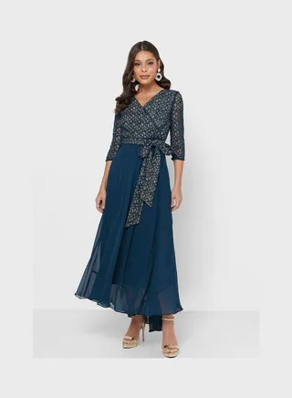 Embroidered Wrap Dress Green 