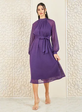 Dobby High Neck Self Tie Up A-line Midi Dress 
