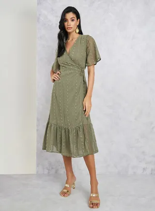Swiss Dot Ruffle Hem Wrap Midi Dress 