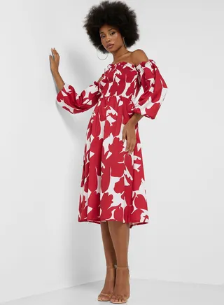 Off Shoulder Smocked Printed Dress 