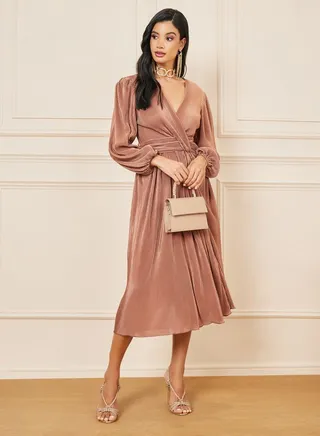 Plisse Gathered Detail A-Line Midi Dress 