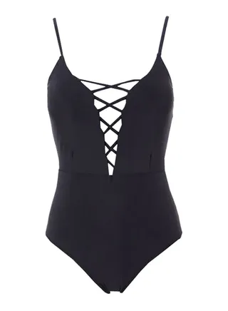 V Neck Bandage Decor Stylish One Piece Swimsuit Black 