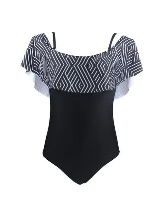 Swimsuit Geometric Print Ruffle Off Shoulder Tankini Multicolor 