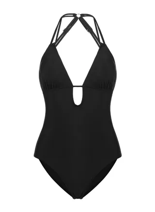 Hollow Out V-Neck Lace Up One Piece Swimsuit Black 