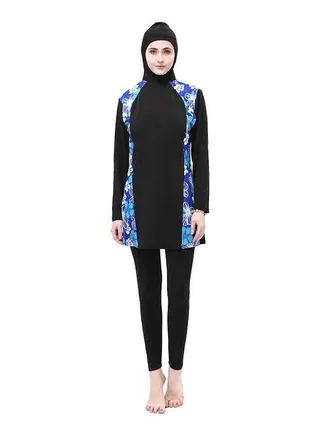 Flower Pattern Patchwork Hooded Top And Pants Swimsuit Blue 