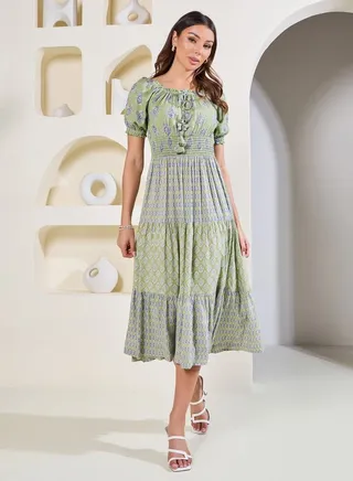 Boho Print Smocked Detail Midi Dress with Tassel Detail 