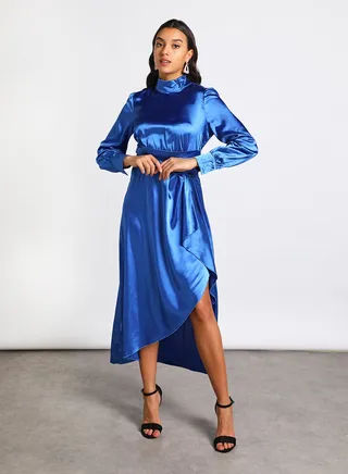 Women's Casual High Collar Satin Design Long Sleeve Maxi Dress Blue 