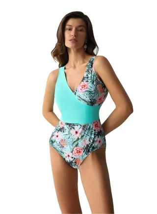 Women's Polyester Floral print swimsuit Slim Fit Turquoise 
