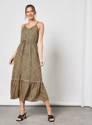 Ruffle Leopard Print Dress Brown 