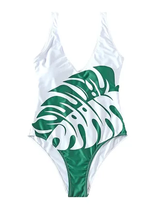Bikini Suit V Neck Leaves Pattern Block Beach Swimwear Multicolor 