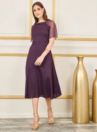 Spot Mesh Sleeves Crepe A-Line Midi Dress 