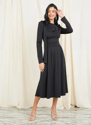 Pleated Bow Applique Detail A-line Midi Dress 
