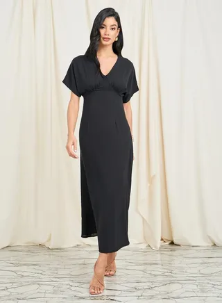 Solid V Neck A-Line Midi Dress
