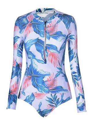 Swimsuit Vintage Dri-Fit Leaf Pattern Long Sleeve Surfing Tankini Multicolor 