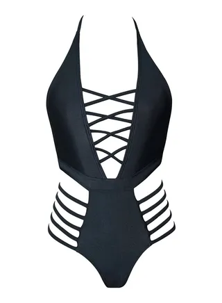 Topmelon Swimsuit Neck Bandage Hollow Out Dress Beachwear Black 