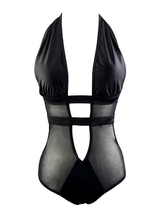 Deep V-Neck Hollow Out One Piece Black 
