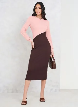 Colorblock Long Sleeves Bodycon Midi Dress 