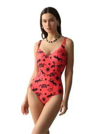 Women's Polyester Printed one-piece swimsuit Slim Fit Red 