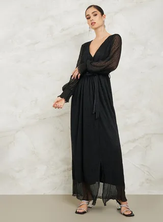 Shimmer Look Maxi Dress with Volume Sleeve 