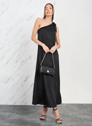Tie Up One Shoulder Sleeves Satin Maxi Dress 