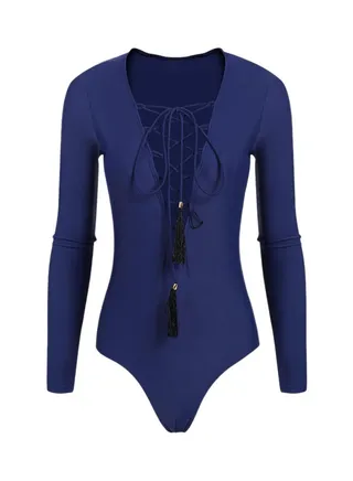 Lace Up V Neck Long Sleeve High Cut Swimwear Dark Blue 