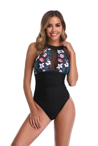 Blossom Print Padded Conservative Swimsuit Black/Navy 
