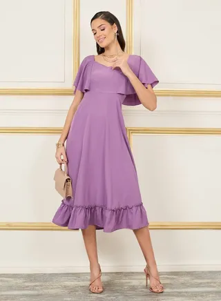 Solid Ruffle Hem Sweetheart Neck A-Line Midi Dress 