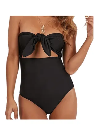 Removable Straps Bow Tie Detail One-Piece Black 