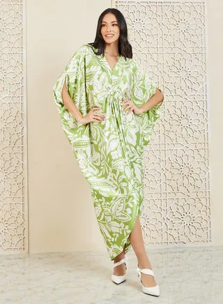 All Over Print Ring Ruched Batwing Sleeves Sheath Midi Dress 