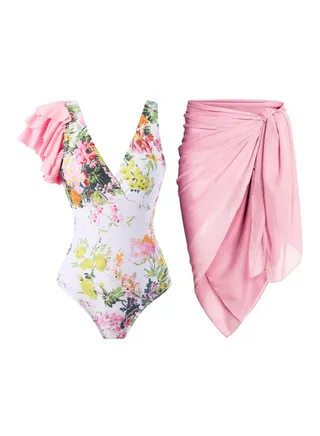 2pcs one piece swimsuit lace up swimsuit maxi skirt swimsuit set 