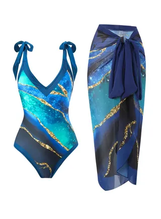 2pcs one piece swimsuit lace up swimsuit maxi skirt swimsuit set 
