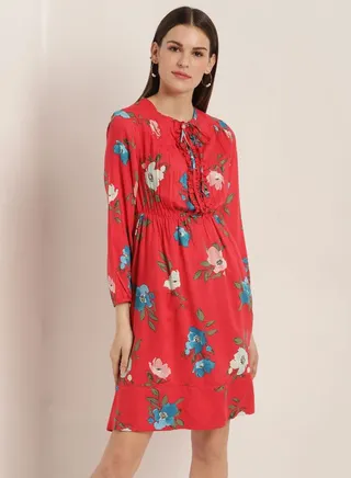 Floral Print Long Sleeves Dress Red/Blue/White 