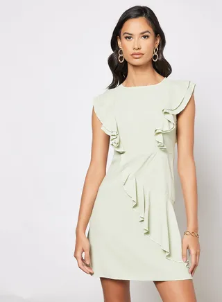 Casual Boat Neck Flared Cap Sleeve Midi Dress With Ruffle 82 Light Green 
