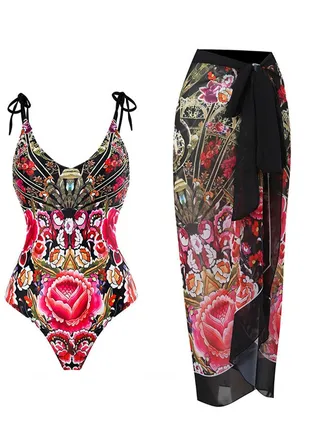 2pcs one piece swimsuit lace up swimsuit maxi skirt swimsuit set 