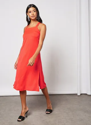 Women's Strap Cami Cross Back Midi Dress With Side Slit Orange 