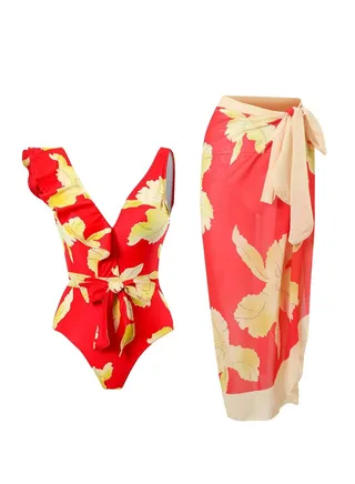 2pcs one piece swimsuit lace up swimsuit maxi skirt swimsuit set 