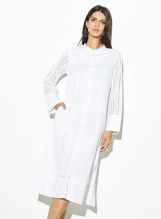 Iconic Schiffli Shirt Dress with Pockets and Slit Detail 