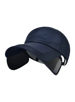 Letter Embroidery Retractable Visor Wide Brim Cap Navy Blue 