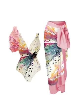 2pcs New women's one-shoulder ruffle printed one-piece beach swimsuit suit 
