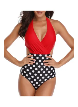Backless Swimwear One Piece Red/Black/White 