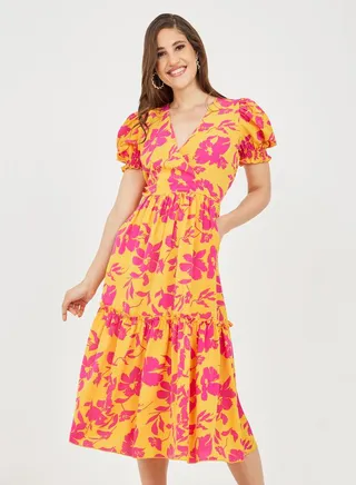 Floral Print Frill Detail A-Line Midi Dress with Pocket Detail 