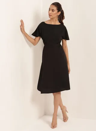 Solid Design Short Sleeves Dress Black 